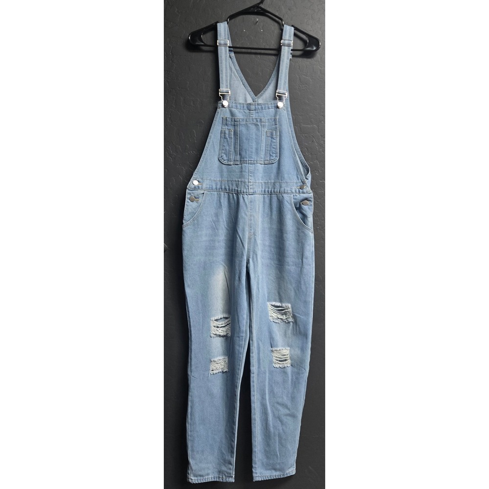 Distressed Denim Overalls Light Wash Ripped Jeans Dungarees Plus Size XXL Casual